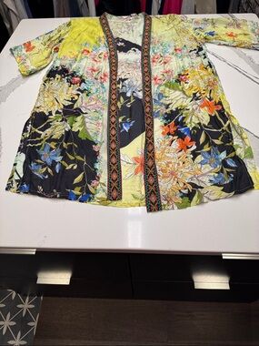 Johnny Was Floral Print Kimono in Cream, Pink & Green, Gently Worn 100% Silk